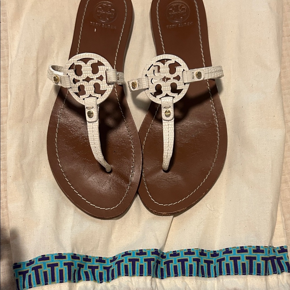 Tory Burch White and Brown ‘Miller’ Sandals